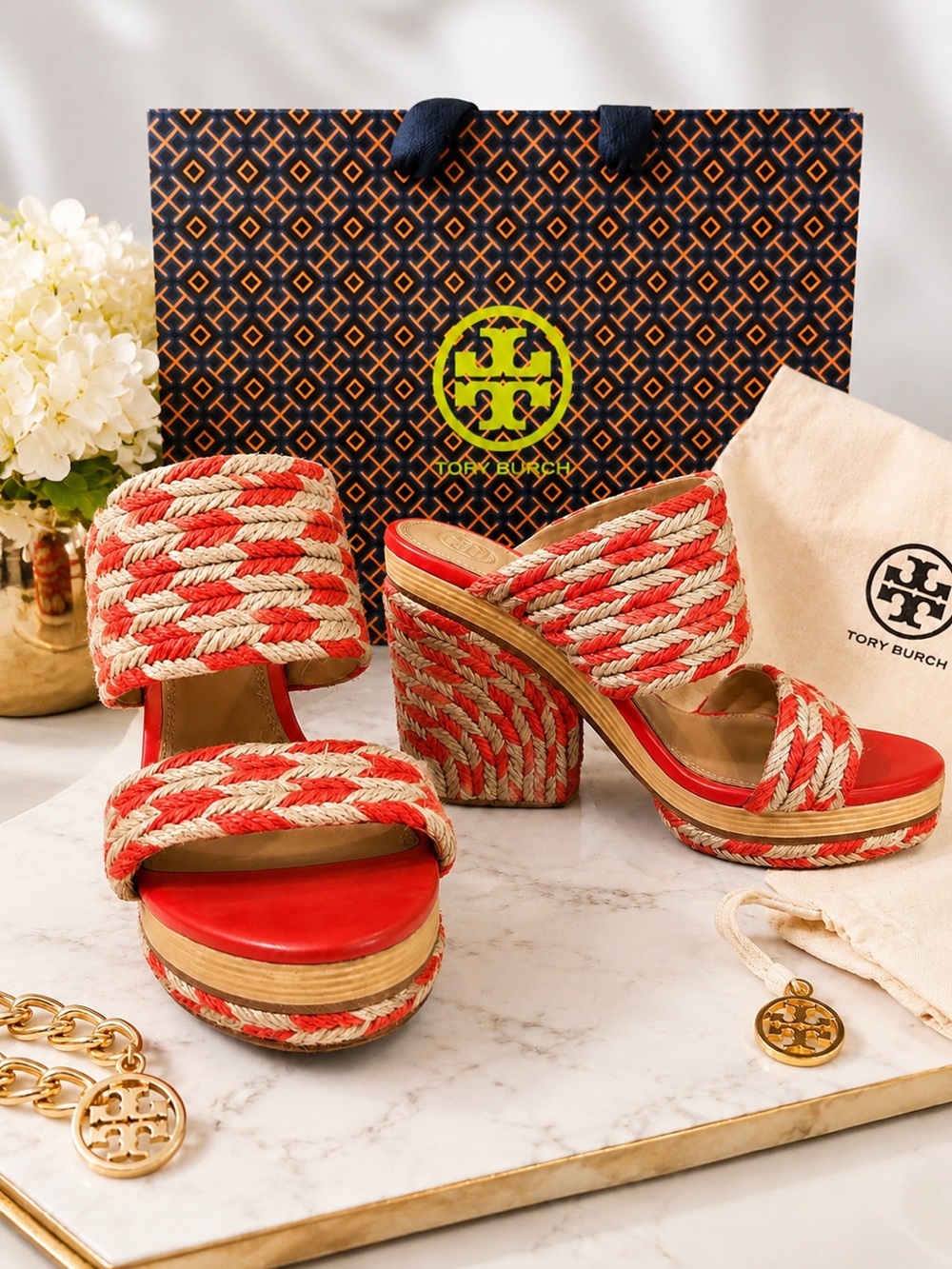 Tory Burch Lola Woven Jute & Leather High-Heel Slide Sandals Size 7.5 🧡